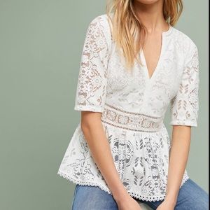 Anthropologie Blue Tassel White Peplum Top